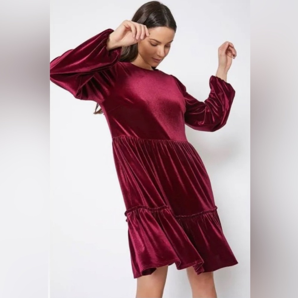 Ro & De tiered Burgundy Velvet long sleeve Dress